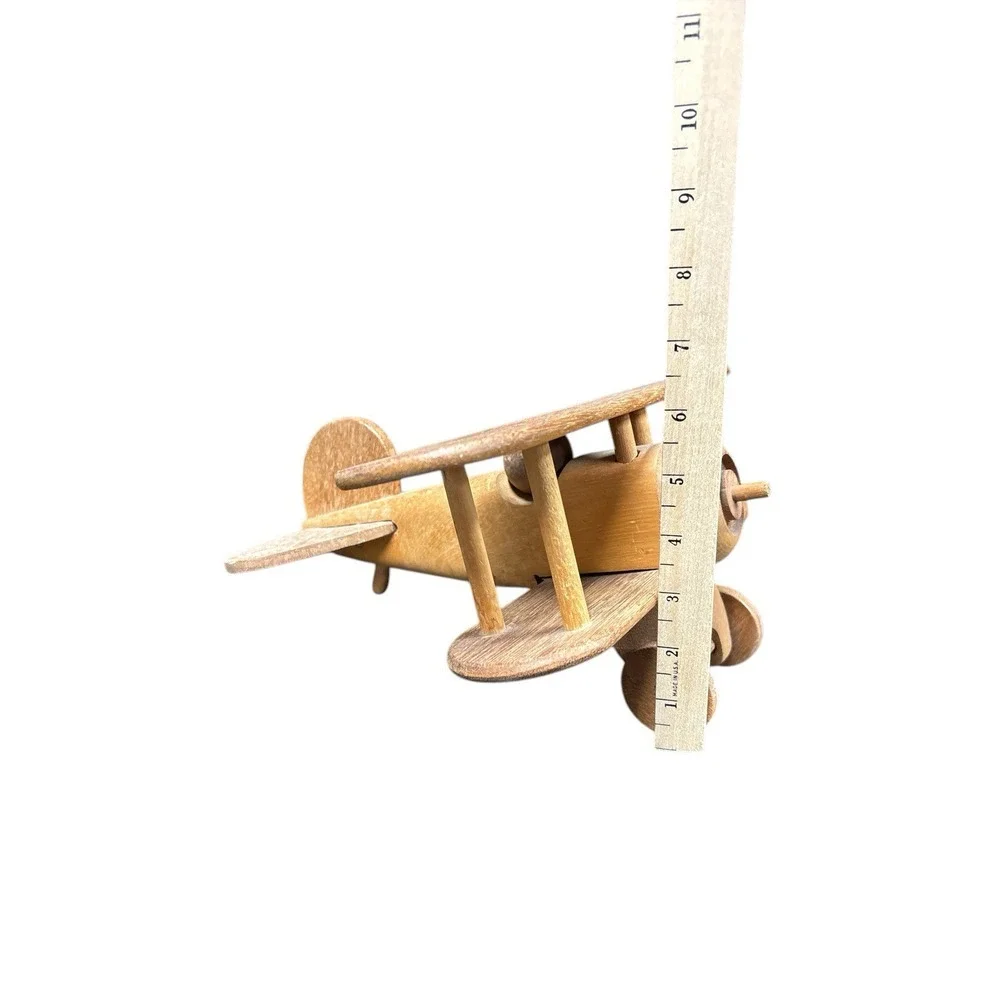 Handmade Wooden Bi-Plane Airplane Hardwood‎ Medium Stain Vintage